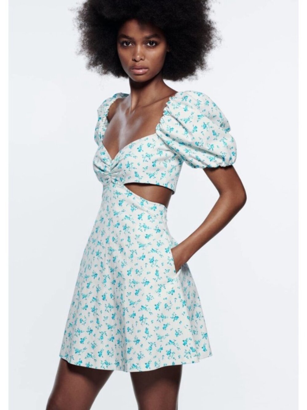 Zara Floral Cut out Puff Sleeve Mini Dress Large